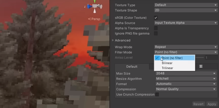 Unity-bildimportinställningar för en retrolook.