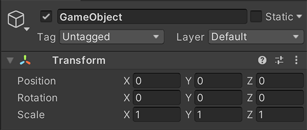 Unity Transform-komponent i inspektörsvyn.