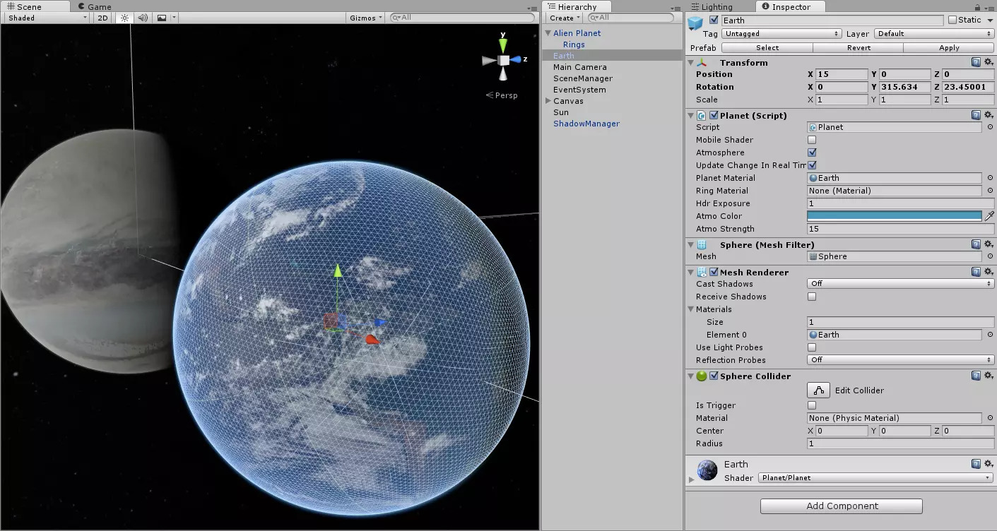 Planet Shader och Shadowing System i Unity Editor.