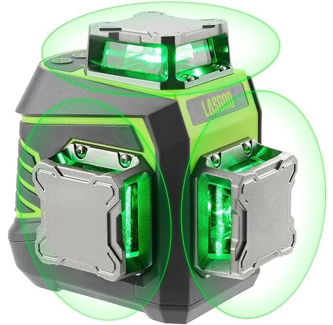 Lasernivå 3x360° självnivellerande, 3D grön korslinjelaser för konstruktion och bildupphängning, uppladdningsbart batteri, fjärrkontroll, magnetiskt roterande stativ ingår - LG-3Dx
